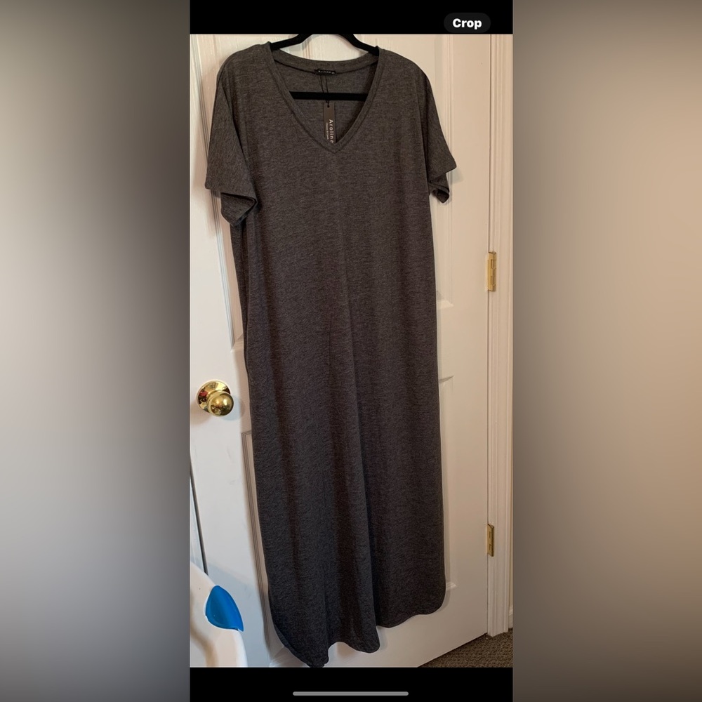 Arolina xxl short sleeve gray dress. Ptp 23”, 51”long pleated back, side slits